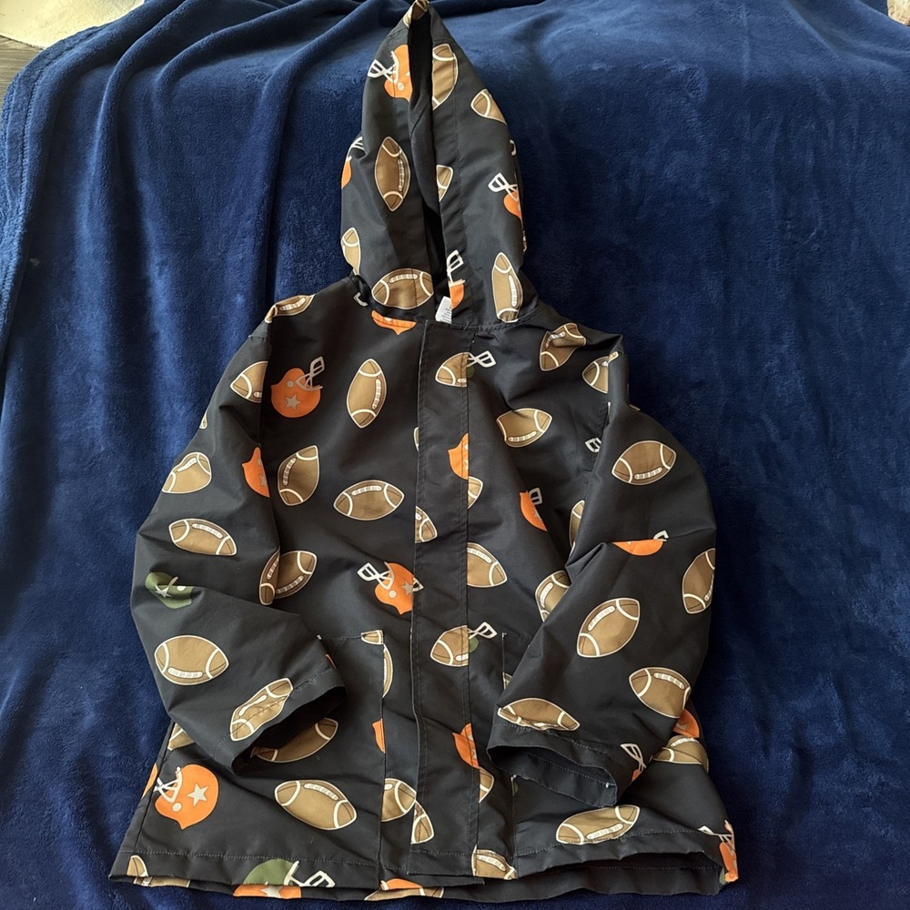 Gymboree Boys Football Hooded Rain Coat Navy/Brown/Orange Med 7-8